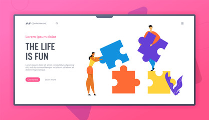 Office People Work Together Setting Up Colorful Separated Puzzle Pieces. Teamwork, Cooperation, Collective Work, Partnership Website Landing Page, Web Page. Cartoon Flat Vector Illustration, Banner