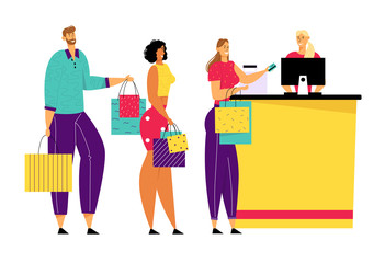 Shopping Queue in Supermarket, Male and Female Customer Characters with Goods in Paper Bags Stand at Cashier Desk Paying for Purchases Credit Cards. Sale, Consumerism. Cartoon Flat Vector Illustration