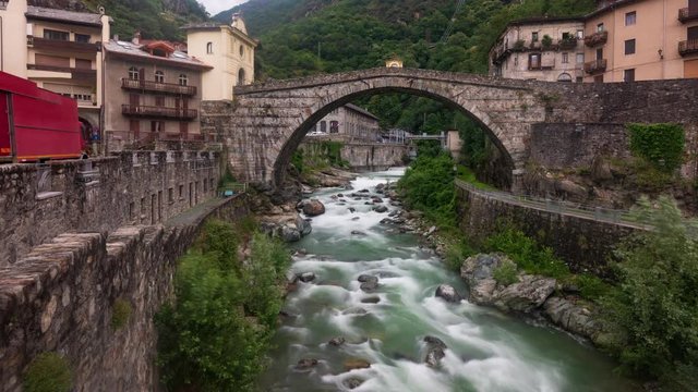 Time lapse view of the Roman bridge in Pont Saint Martin, Aosta valley