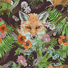 Fototapeta premium Seamless hand drawn watercolor pattern with fox head, feathers, flowers.