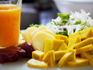 close up of cut vegetables and meat