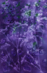 Abstract hand painted  purple  green fabric background with leaves and seeds