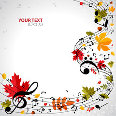 Autumn musical background with notes and leaves