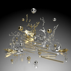abstract black background with lots of golden and silver pearls and splashes