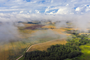 Cloudy and misty morning in latvian countryside.