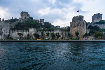 Rumeli Castle (Rumelihisari) viewed from on a ferry boat on the Bosphorus, Istanbul, Turkey