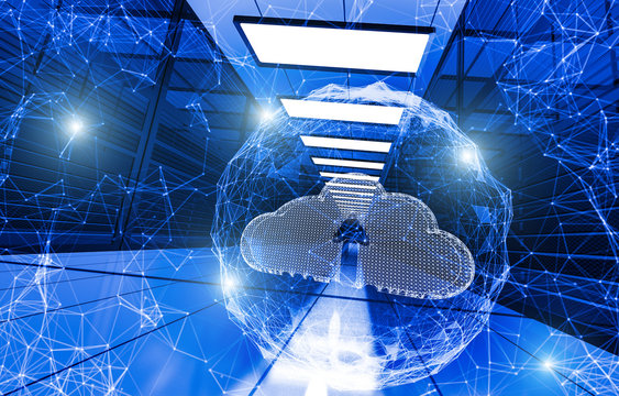 concept of cloud service from particles and lines on background of data center servers cloud concept composed of polygons. Low poly illustration . shield consists of lines, dots and shapes. 3d render - Powered by Adobe