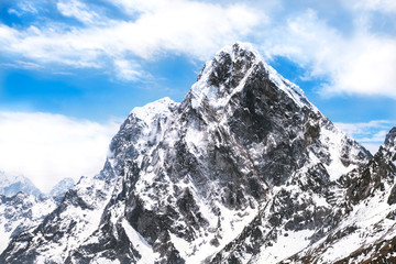 View of Ama Dablam on the way to Everest Base Camp with beautiful cloudy sky