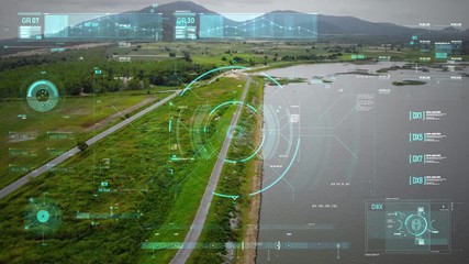 Drone shot flying aerial view with User interface text graph bar and target pointer element futuristic and cyber technology - Powered by Adobe