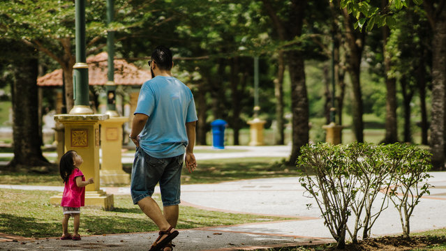 Asian Father Walking With Toddler In The Park. View From Behind.