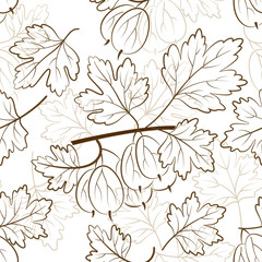 Seamless Nature Background with Pictogram Gooseberry Berries and Leaves on White. Vector