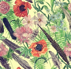 Seamless han drawn watercolor pattern with feathers, leaves, flowers.