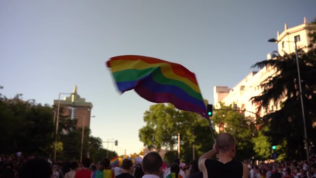 A spectator waves a gay rainbow flag at an LGBT summer gay pride parade