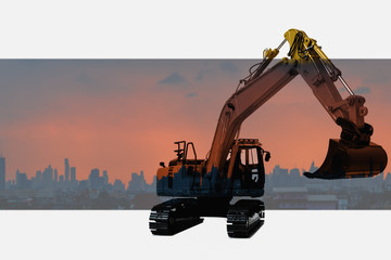 Excavator loader model with Silhouette  panorama  view on at city building and white background,Concept