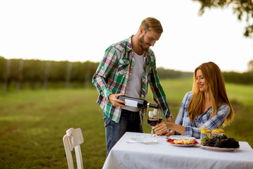 Couple having dinner vineyard