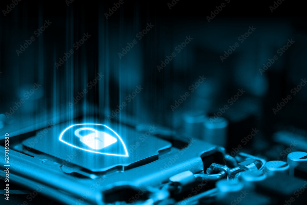 Wall mural 3d rendering of blue shield logo on microchip with glow circuit board background. concept of busines
