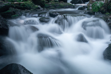 Blurred motion of water flowing through river rocks.