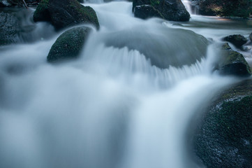 Blurred motion of water flowing through river rocks.