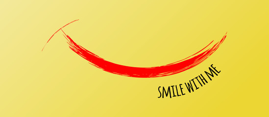 Smile Face from Funny Red Brush Stroke, Vector Horizontal Banner. Smile With Me Quote. Inspirational and Motivational Graphic Illustration with Black Texture on Yellow. Enjoy Card.