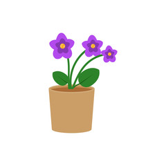 Violet flower in a pot flat icon, indoor plant, flower vector illustration isolated on white background