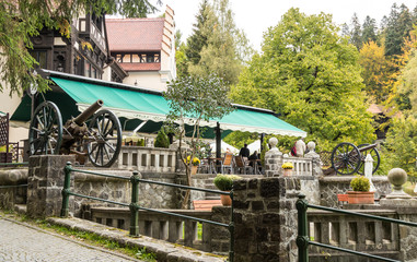 Obraz premium Two guns at the entrance to the bar Regal located near Pelesh castle in Sinaia, in Romania