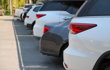 Closeup of rear, back side of white car with  other cars parking in outdoor parking lot in bright sunny day. 