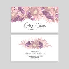 Business card with beautiful pink flowers. Template