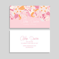 Business card with beautiful pink flowers. Template