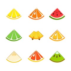 Set of tropical triangular lobule fruits in paper cut style. Slice triangle citrus orange, tangerine, pineapple, lime, lemon, grapefruit, melon, watermelon, kiwi with leaf in origami art. Vector card.