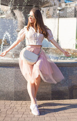  Girl, peach color  skirt, beige blouse, handbag, sunglasses, street, sneakers