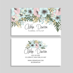 Business card with mint and pink flowers. Template