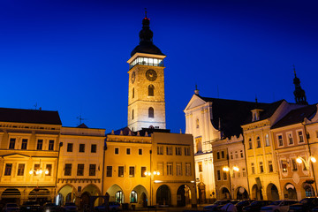 Historic center of Ceske Budejovice at night, Budweis, Budvar, South Bohemia, Czech Republic, Europe.