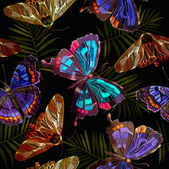 Embroidery butterflies and tropical palm leaves seamless pattern. Jungle art. Template for clothes, textiles, t-shirt design