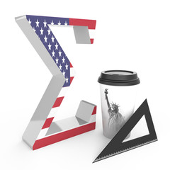 sigma sign, set square and coffee mug on white background