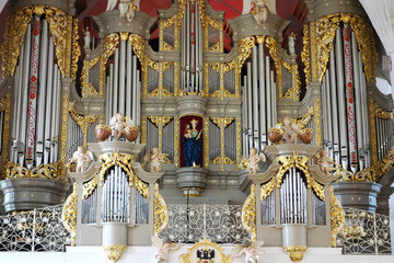 Interior with pipe organ (renovated in the modern time) of the Konigsberg Cathedral in Kaliningrad