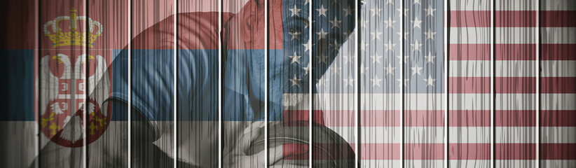 Flags of Serbia and America and basketball player in action Background, web banner.