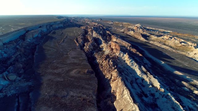 Panorama view to saline Barsa Kelmes lake and Ustyurt plateau at Karakalpakstan, Uzbekistan.