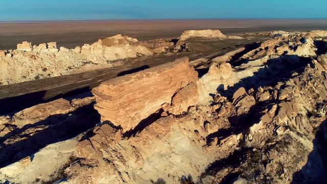 Panorama view to saline Barsa Kelmes lake and Ustyurt plateau at Karakalpakstan, Uzbekistan.