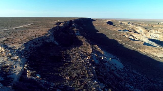 Panorama view to saline Barsa Kelmes lake and Ustyurt plateau at Karakalpakstan, Uzbekistan.