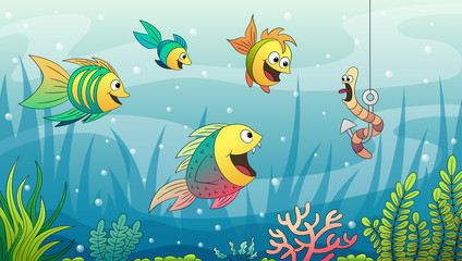Plakat Cartoon underwater landscape with fishes. Hand drawn vector illustration with separate layers.