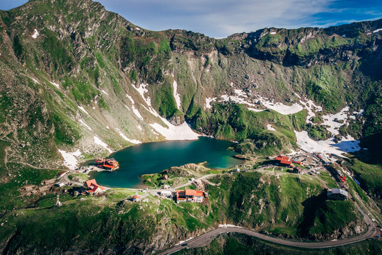 Aerial view Lake Balea on Transfagaras pass in Carpathian mountains Romania