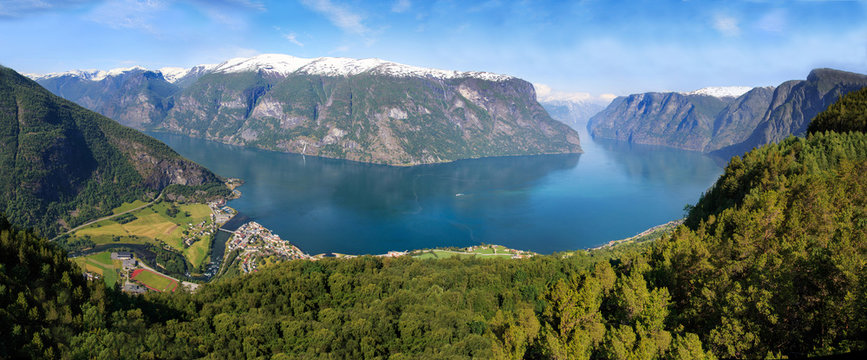Panoramic aerial wide angle landscape of Aurlandsfjord with amazing blue pure water from Aurland mountain road viewpoint. High resolution panorama, Aurlandsfjord Norway.