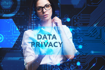 The concept of business, technology, the Internet and the network. A young entrepreneur working on a virtual screen of the future and sees the inscription: Data privacy