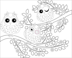 Coloring book for adult and older children. Coloring page with cute owl and floral frame. Outline drawing in zentangle style