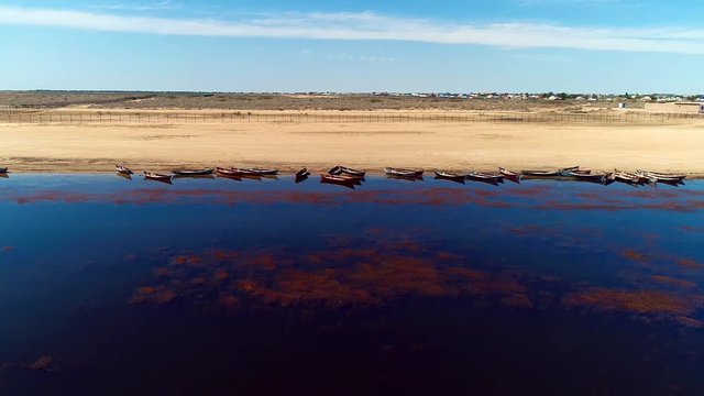 Aerial Panorama view to saline Barsa Kelmes lake and Ustyurt plateau , Karakalpakstan, Uzbekistan.