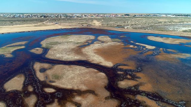 Aerial Panorama view to saline Barsa Kelmes lake and Ustyurt plateau , Karakalpakstan, Uzbekistan.