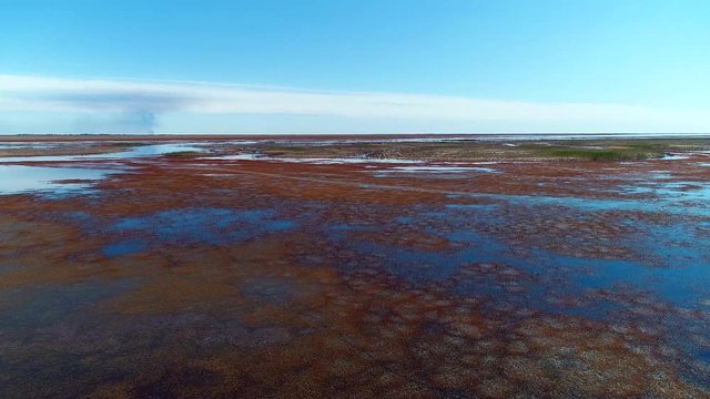 Aerial Panorama view to saline Barsa Kelmes lake and Ustyurt plateau , Karakalpakstan, Uzbekistan.