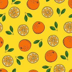 Orange cartoon hand drawing seamless pattern doodles style. Summer orange background. Design for fabric, textiles, paper and greeting cards.
