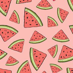 Watermelon slices cartoon hand drawing seamless pattern doodles style. Summer watermelon background. Design for fabrics, textiles, paper and greeting cards.
