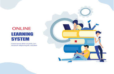 E-learning concept illustration of young people using laptop and tablet pc for distance studying and education. Flat design of guys and young women sitting on the books and reading for self education
